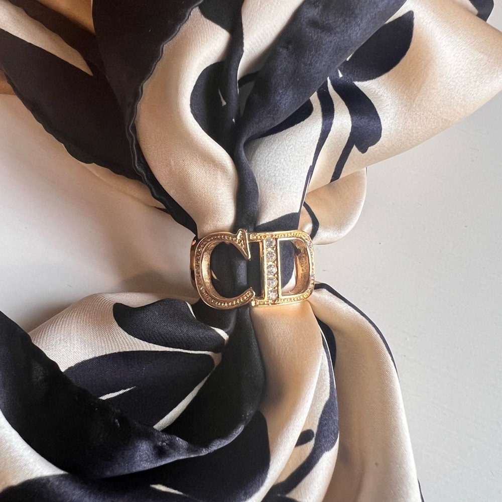 Christian Dior Logo Gold Scarf Ring with Crystals